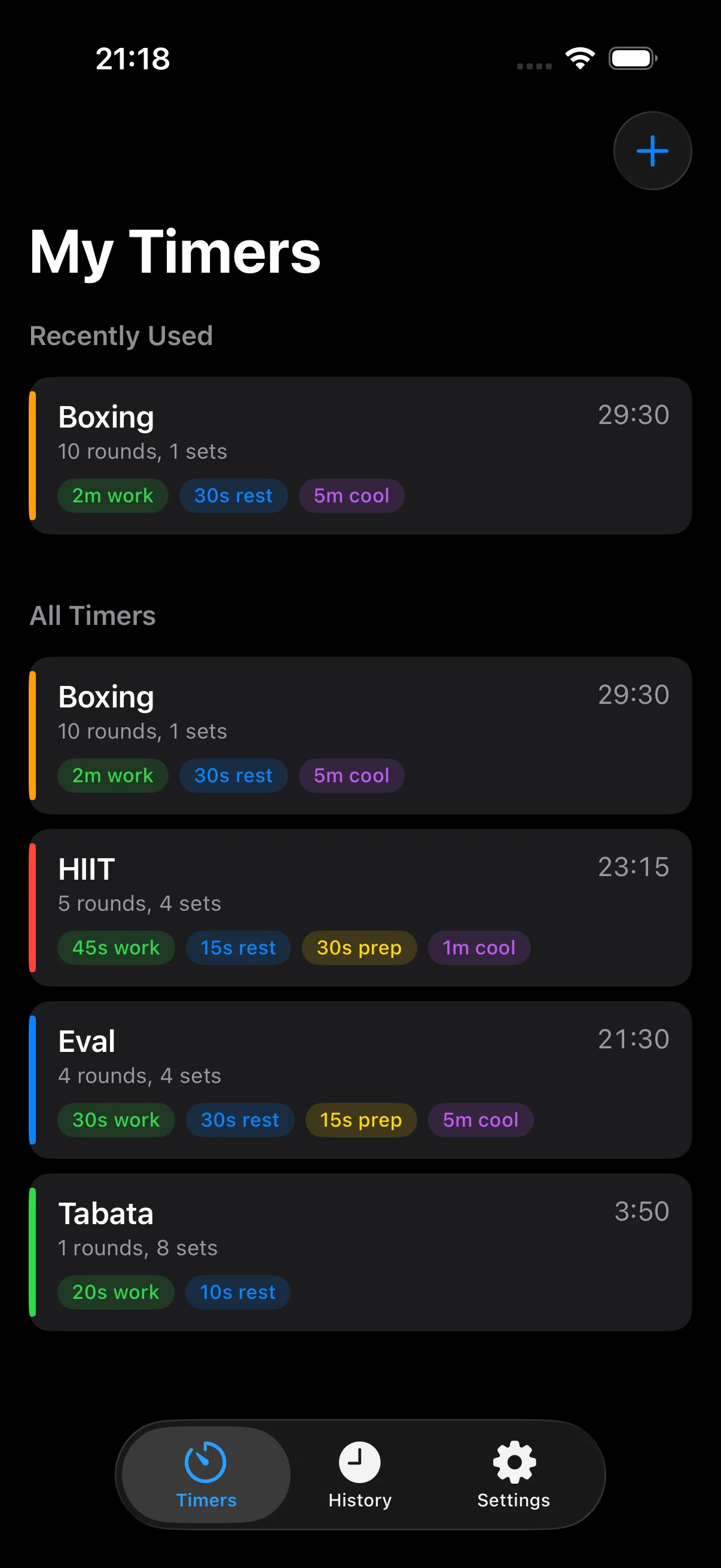 My Timers screen showing custom workout list