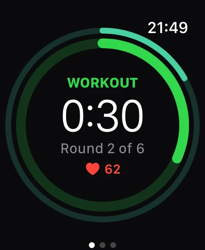 SetGo Timer on Apple Watch showing a workout in progress
